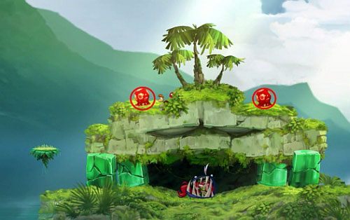 Na tej samej planszy zniszcz ścianę po prawej stornie, aby przenieś się za pomocą skoczni do następnej planszy i przejdź przez drzwi z okiem - Zupełnie jak w dżungli (100 L) | Pokręcona Dżungla | Rayman Origins - Rayman Origins - poradnik do gry