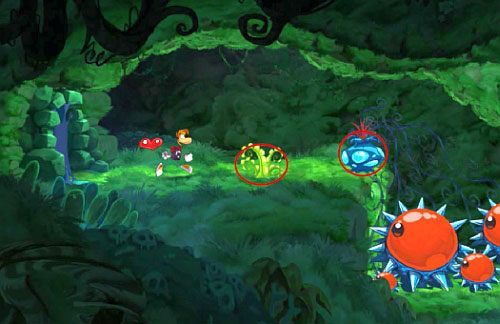 Dalej znajdziesz LK, a trochę dalej M, do którego dostaniesz się skacząc z platformy na screenie nad przeciwnikami - Zupełnie jak w dżungli (100 L) | Pokręcona Dżungla | Rayman Origins - Rayman Origins - poradnik do gry