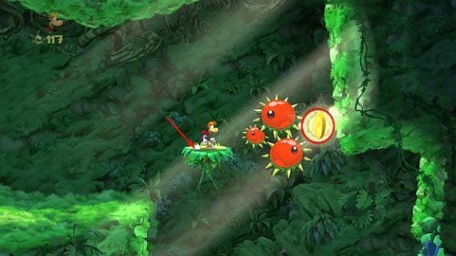 Za drzwiami z okiem znajduje się ostatnia lokacja tego poziomu, w którym musisz zabić wszystkich przeciwników połączonych z klatką z Elektrun - Zupełnie jak w dżungli (100 L) | Pokręcona Dżungla | Rayman Origins - Rayman Origins - poradnik do gry