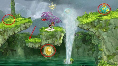 Po przejściu przez drzwi z okiem czeka Cię zjeżdżalnia wodna, którą rozpocznij od zebrania LK - Wybuchowe gejzery (300 L, 1:30) | Pokręcona Dżungla | Rayman Origins - Rayman Origins - poradnik do gry