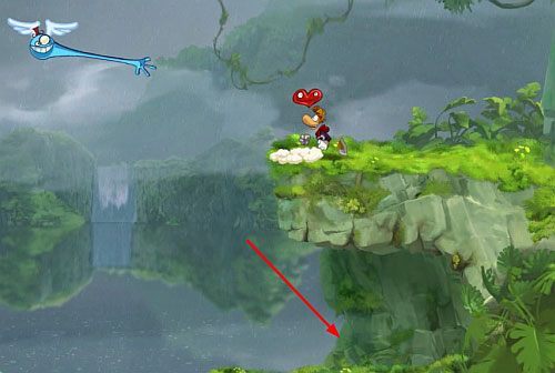 Wróć na górną ścieżkę (nad wejściem do pomieszczenia z E), a po chwili miniesz roślinkę z 3 L oraz zobaczysz M do której musisz zacząć biec sprintem ponieważ po chwili półka skalna zamknie do niej dostęp - Wybuchowe gejzery (300 L, 1:30) | Pokręcona Dżungla | Rayman Origins - Rayman Origins - poradnik do gry