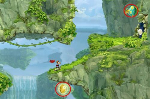 Za drzwiami z okiem znajdziesz klatkę z E oraz S w butelce - Wybuchowe gejzery (300 L, 1:30) | Pokręcona Dżungla | Rayman Origins - Rayman Origins - poradnik do gry