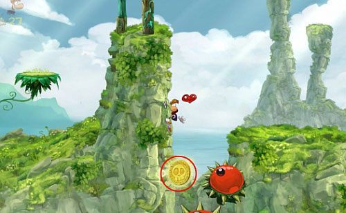 Skorzystaj z platform nad wodą, a kiedy naskoczysz na drugą (pod nią znajduje się łapa z pazurami) znajdziesz 10 L, a kawałek dalej Żalumek - Waligóra (300 L, 1:40) | Pokręcona Dżungla | Rayman Origins - Rayman Origins - poradnik do gry