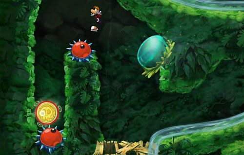 Po zniszczeniu mostu na lewo znajdziesz Żalumek (3 L) - Daj się ponieść (300 L, 2:10) | Pokręcona Dżungla | Rayman Origins - Rayman Origins - poradnik do gry