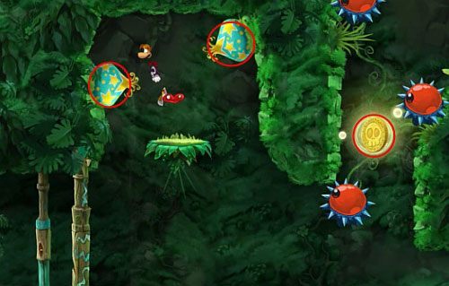 Zaraz po zdobyciu monety opuść się w dół w miejscu oznaczonym strzałką na screenie, a dotrzesz do ukrytego pomieszczenia z E - Daj się ponieść (300 L, 2:10) | Pokręcona Dżungla | Rayman Origins - Rayman Origins - poradnik do gry