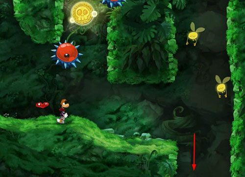 Po dostaniu się na górę, za przeciwnikiem znajdziesz roślinkę (3 L, S), a tuż przed końcem zjeżdżalni wodnej kolejną (4 L) - Daj się ponieść (300 L, 2:10) | Pokręcona Dżungla | Rayman Origins - Rayman Origins - poradnik do gry