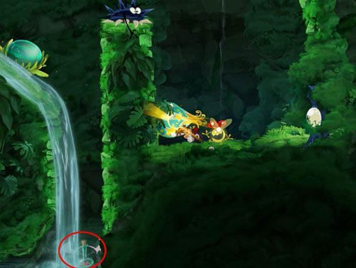 Za drzwiami z okiem korzystając z bujawki znajdziesz ukryte pomieszczenie z E - Daj się ponieść (300 L, 2:10) | Pokręcona Dżungla | Rayman Origins - Rayman Origins - poradnik do gry