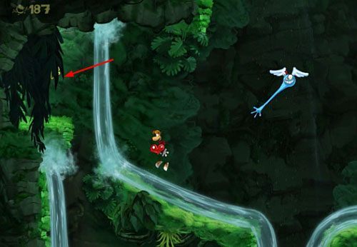 Pod drzwiami z okiem znajdziesz kolejną M - Daj się ponieść (300 L, 2:10) | Pokręcona Dżungla | Rayman Origins - Rayman Origins - poradnik do gry