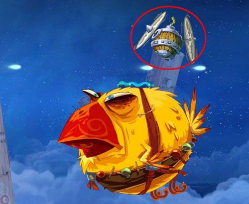 Za drzwiami z okiem znajdziesz klatkę z E, której otworzenie zakończy poziom - Hej - ho moskito (300 L); Nie złapiesz mnie | Pokręcona Dżungla | Rayman Origins - Rayman Origins - poradnik do gry