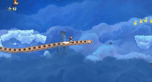 Po chwili przejażdżki będziesz mógł zebrać M (odbijaj się od ścian) oraz minąć roślinkę (16 L do dużej bańki z L dostaniesz się odbijając się od ściany) - Podniebna sonata (300 L, 2:50); Bez odwrotu (175 L) | Pustynia Dijirdów - Rayman Origins - poradnik do gry