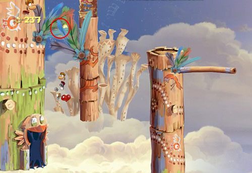 Dalej nie zapomnij zebrać LK wybijając się z platformy, a następnie od ściany (zaraz po trzech przeciwnikach w postaci czerwonych ptaków) - Podniebna sonata (300 L, 2:50); Bez odwrotu (175 L) | Pustynia Dijirdów - Rayman Origins - poradnik do gry