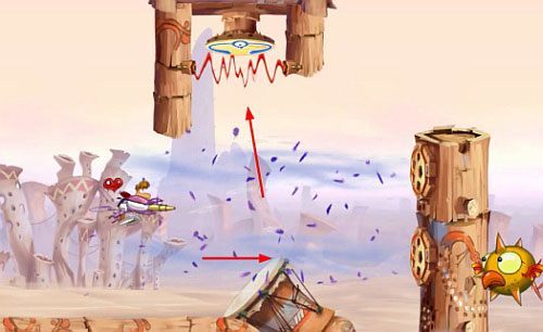 Na swojej drodze spotkasz też tarcze, których ostrzelanie rozświetli Ci okolicę i otworzy dalszą drogę - Nie strzelaj tyle (300 L); Rzępolony pościg | Pustynia Dijirdów | Rayman Origins - Rayman Origins - poradnik do gry