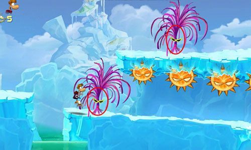 Gdy dotrzesz do wody i zobaczysz przeciwników zacznij się od nich odbijać, by zbierać L i dotrzeć do M - Polarny pościg (300 L, 1:50) | Kraina Smakoszy | Rayman Origins - Rayman Origins - poradnik do gry