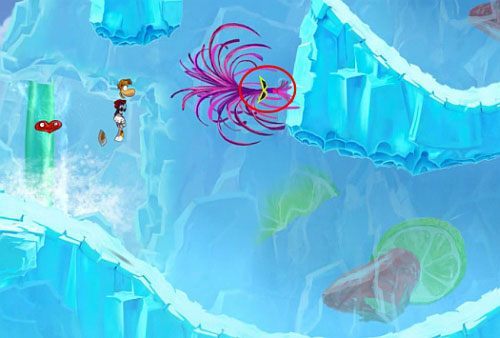 Nad drzwiami z okiem znajdziesz roślinkę (3 L), a odbijając się od ściany dosięgniesz M - Polarny pościg (300 L, 1:50) | Kraina Smakoszy | Rayman Origins - Rayman Origins - poradnik do gry