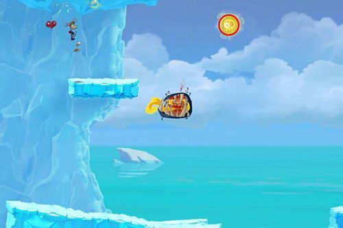 Po zebraniu LK, dotrzyj do dolnej platformy, na której znajdziesz kolejną M - Polarny pościg (300 L, 1:50) | Kraina Smakoszy | Rayman Origins - Rayman Origins - poradnik do gry