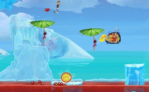 W miejscu w którym uwolnisz nimfę (skocz na przeciwnika z atakiem, kiedy ten będzie na środku), znajdziesz jeszcze jedną M (najłatwiejszym sposobem jest wybicie się od ściany po lewej stronie i szybowanie do niej) - Polarny pościg (300 L, 1:50) | Kraina Smakoszy | Rayman Origins - Rayman Origins - poradnik do gry