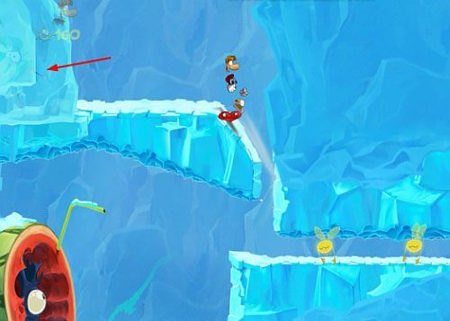 Następnie w roślince znajdziesz ukrytą M, którą musisz szybko zebrać ześlizgując się po ścianie dalszej platformy, zanim spadnie do wody (ześlizgiwanie zacznij jak najniżej) - Polarny pościg (300 L, 1:50) | Kraina Smakoszy | Rayman Origins - Rayman Origins - poradnik do gry