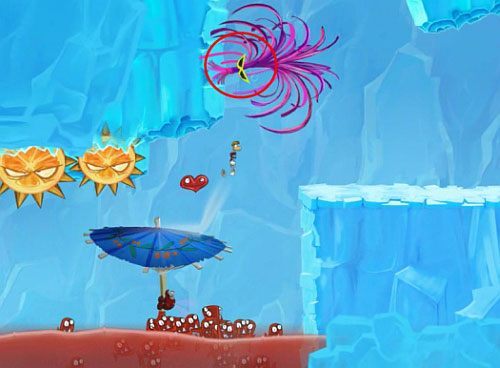 Za drzwiami z okiem min roślinkę, a dalej szybuj w taki sposób, by zebrać M - Polarny pościg (300 L, 1:50) | Kraina Smakoszy | Rayman Origins - Rayman Origins - poradnik do gry