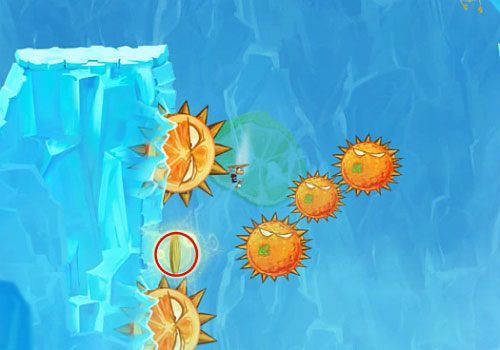 Dalej znajdziesz drugie sekretne wejście do pomieszczenia z klatką z E - Polarny pościg (300 L, 1:50) | Kraina Smakoszy | Rayman Origins - Rayman Origins - poradnik do gry