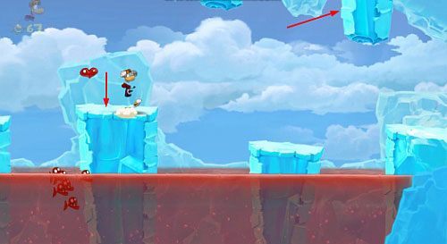 Dalej wykorzystując bańkę powietrza, dostań się do ukrytego wejścia do pomieszczenia z klatka zawierającą E - Dzwonią dzwonki sań (300 L, 1:50) | Kraina Smakoszy | Rayman Origins - Rayman Origins - poradnik do gry