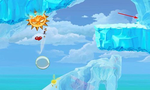 Za drzwiami z okiem odbijaj się od parasolek, by dotrzeć uwolnić L, a pod trzecią znajdziesz roślinkę z 10 L - Dzwonią dzwonki sań (300 L, 1:50) | Kraina Smakoszy | Rayman Origins - Rayman Origins - poradnik do gry