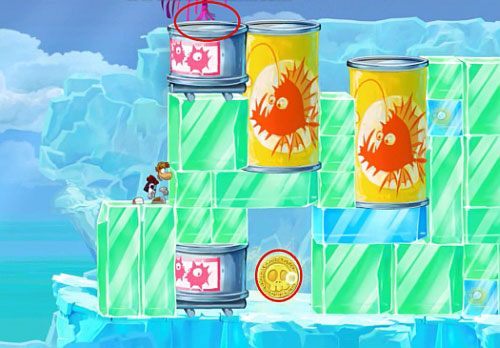 Następnie skacząc na parasolki które się otwierają i zamykają będziesz uwalniał L - Dzwonią dzwonki sań (300 L, 1:50) | Kraina Smakoszy | Rayman Origins - Rayman Origins - poradnik do gry