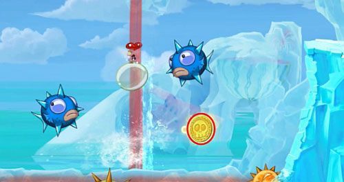 Nad następną przepaścią, wykorzystując szybowanie, dotrzyj do platformy prowadzącej do następnej M - Dzwonią dzwonki sań (300 L, 1:50) | Kraina Smakoszy | Rayman Origins - Rayman Origins - poradnik do gry