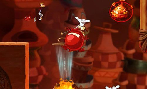 Kawałek dalej zniszcz kolejny Żalumek , dostań się odbijając się od ścian, do M strzeżonej przez przeciwnika na górze, a po spadnięciu w dół odnajdziesz wejście do pomieszczenia z E - Pieruńsko gorące (300 L, 2:40); Naprawa szczeliny (175 L) | Kraina Smakoszy - Rayman Origins - poradnik do gry