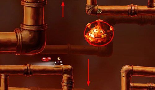 Dalej kiedy dotrzesz do opadającej rury pozbądź się przeciwnika, za którym znajdziesz M - Pieruńsko gorące (300 L, 2:40); Naprawa szczeliny (175 L) | Kraina Smakoszy - Rayman Origins - poradnik do gry