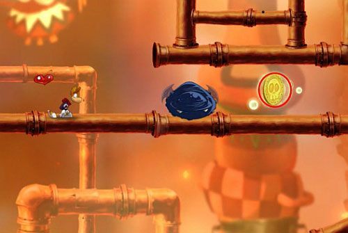 Za drzwiami z okiem skocz na dwie chmurki, by uwolnić S oraz L - Pieruńsko gorące (300 L, 2:40); Naprawa szczeliny (175 L) | Kraina Smakoszy - Rayman Origins - poradnik do gry