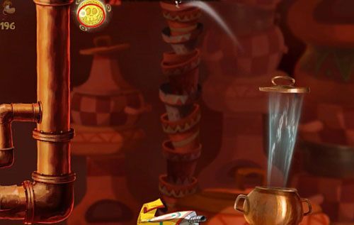 Za garnkiem, skacząc ponownie z pokrywki na wyższe chmurki, dostaniesz się do wejścia za którym znajdziesz drugą klatkę z E - Pieruńsko gorące (300 L, 2:40); Naprawa szczeliny (175 L) | Kraina Smakoszy - Rayman Origins - poradnik do gry