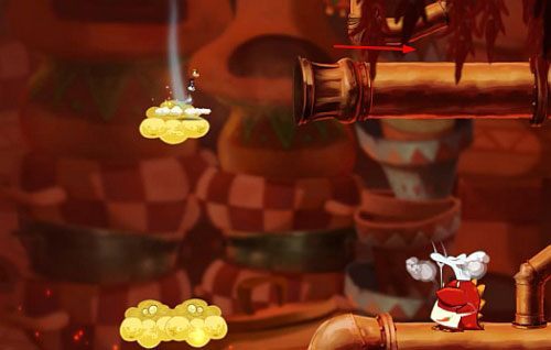 Za drzwiami z okiem korzystając z lian uwolnij chmurkę w której znajdziesz S - Pieruńsko gorące (300 L, 2:40); Naprawa szczeliny (175 L) | Kraina Smakoszy - Rayman Origins - poradnik do gry