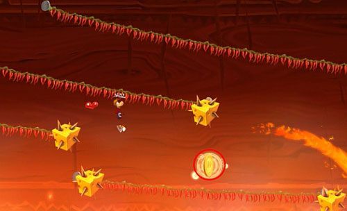 Przed drzwiami znajdziesz chmurkę z S i 3 L - Pieruńsko gorące (300 L, 2:40); Naprawa szczeliny (175 L) | Kraina Smakoszy - Rayman Origins - poradnik do gry