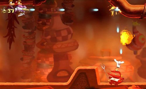 Staraj się też wsysać jak najwięcej przeciwników, którzy wystrzeleni pozbędą się całych grup przeciwników - Celuj w Węgorza (300 L); Raz na wodzie, raz pod wodą | Kraina Smakoszy - Rayman Origins - poradnik do gry