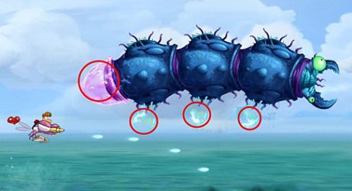 Kiedy się już go pozbędziesz dotrzesz do klatki z E, które uwolnij - Celuj w Węgorza (300 L); Raz na wodzie, raz pod wodą | Kraina Smakoszy - Rayman Origins - poradnik do gry