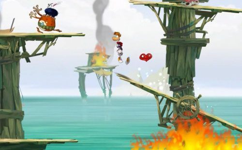 Skacząc jeszcze dalej w lewo na kolejne wyższe półki, dotrzesz do pierwszego ukrytego wejścia do pomieszczenia z klatką z E - Port paniki (300 L, 1:20) | Morze Szczęśliwości | Rayman Origins - Rayman Origins - poradnik do gry