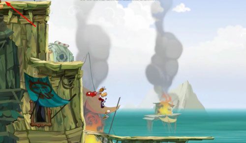 Na całym etapie w wodzie poukrywane jest mnóstwo L, do których na razie nie masz jednak dostępu, dlatego póki co zbieraj te znajdujące się nad wodą - Port paniki (300 L, 1:20) | Morze Szczęśliwości | Rayman Origins - Rayman Origins - poradnik do gry