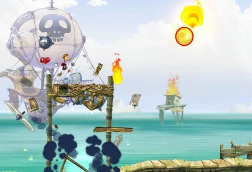 Za drzwiami z okiem, ponownie korzystając ze sprintu szybko dotrzyj do M - Port paniki (300 L, 1:20) | Morze Szczęśliwości | Rayman Origins - Rayman Origins - poradnik do gry