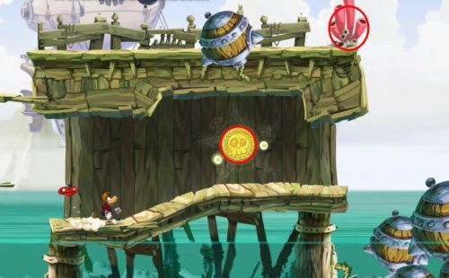 Kawałek drogi dalej znajdziesz następną M - Port paniki (300 L, 1:20) | Morze Szczęśliwości | Rayman Origins - Rayman Origins - poradnik do gry