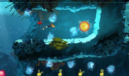 Przed samymi drzwiami z okiem znajdziesz LK oraz kilka L - Port paniki (300 L, 1:20) | Morze Szczęśliwości | Rayman Origins - Rayman Origins - poradnik do gry