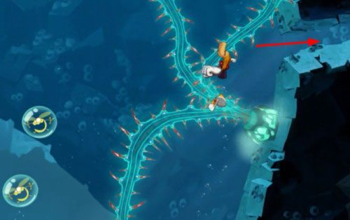 Pomiędzy meduzami zbierzesz kolejną M, a na prawo od nich min roślinkę (8 L) - Pływanie z Gwiazdami (300 L, 1:25) | Morze Szczęśliwości | Rayman Origins - Rayman Origins - poradnik do gry