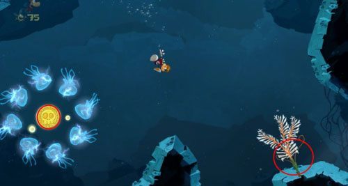 Na prawo od roślinki znajdziesz drzwi do następnego pomieszczenia - Pływanie z Gwiazdami (300 L, 1:25) | Morze Szczęśliwości | Rayman Origins - Rayman Origins - poradnik do gry