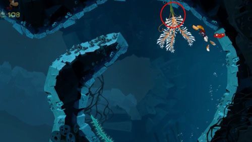 Trochę niżej wymiń meduzę, aby dostać się do kolejnej M - Pływanie z Gwiazdami (300 L, 1:25) | Morze Szczęśliwości | Rayman Origins - Rayman Origins - poradnik do gry