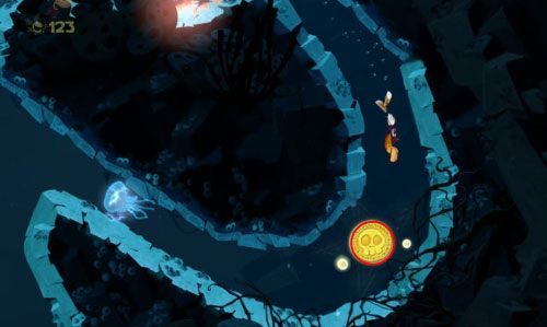 Przed drzwiami z okiem zbierzesz 10 L - Pływanie z Gwiazdami (300 L, 1:25) | Morze Szczęśliwości | Rayman Origins - Rayman Origins - poradnik do gry