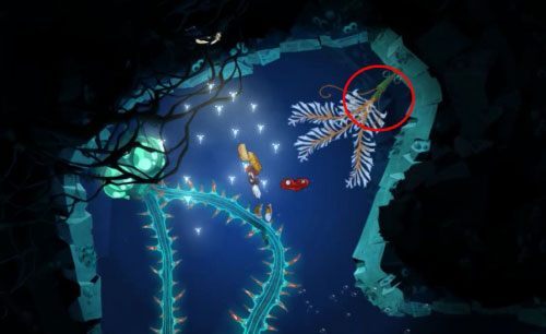 Płynąc dalej, znajdziesz kolejne dwie roślinki (jedna na dnie, druga na górze) - Pływanie z Gwiazdami (300 L, 1:25) | Morze Szczęśliwości | Rayman Origins - Rayman Origins - poradnik do gry