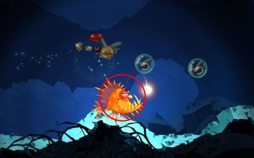 Miń roślinkę na górze i popłyń w dół w kierunku meduz, gdzie znajdziesz M - Pływanie z Gwiazdami (300 L, 1:25) | Morze Szczęśliwości | Rayman Origins - Rayman Origins - poradnik do gry