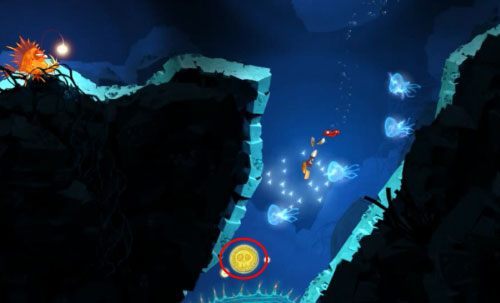 Płynąc dalej dotrzesz do LK, L oraz szczeliny prowadzącej do M - Pływanie z Gwiazdami (300 L, 1:25) | Morze Szczęśliwości | Rayman Origins - Rayman Origins - poradnik do gry