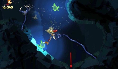 Za drzwiami z okiem znajdziesz ostatnią klatkę z E - Pływanie z Gwiazdami (300 L, 1:25) | Morze Szczęśliwości | Rayman Origins - Rayman Origins - poradnik do gry