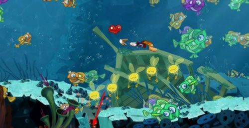 Po zdobyciu monety wypłyń prawą stroną i miń roślinkę z S - Przeklęta płetwa (300 L, 2:20); Złe bańki i nie tylko (175 L) | Morze Szczęśliwości - Rayman Origins - poradnik do gry