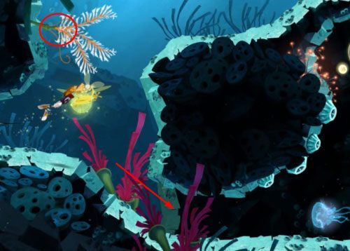 Dalej przepływając nad przeciwnikiem, który chce Cię wessać, dostaniesz się do ukrytego wejścia prowadzącego do pomieszczenia z E - Przeklęta płetwa (300 L, 2:20); Złe bańki i nie tylko (175 L) | Morze Szczęśliwości - Rayman Origins - poradnik do gry